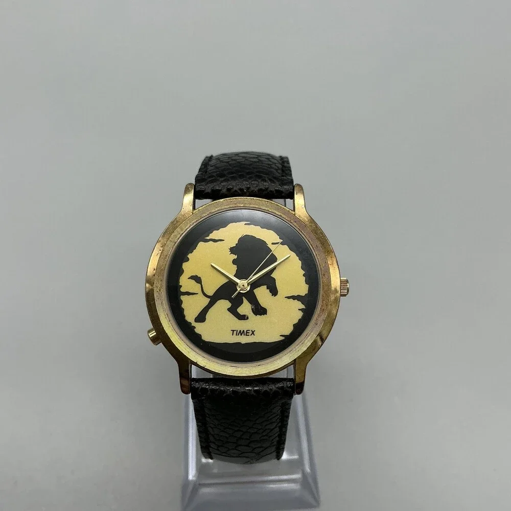 Vintage Timex The Lion King Mens Watch 34mm Yellow Dial Leather New Battery